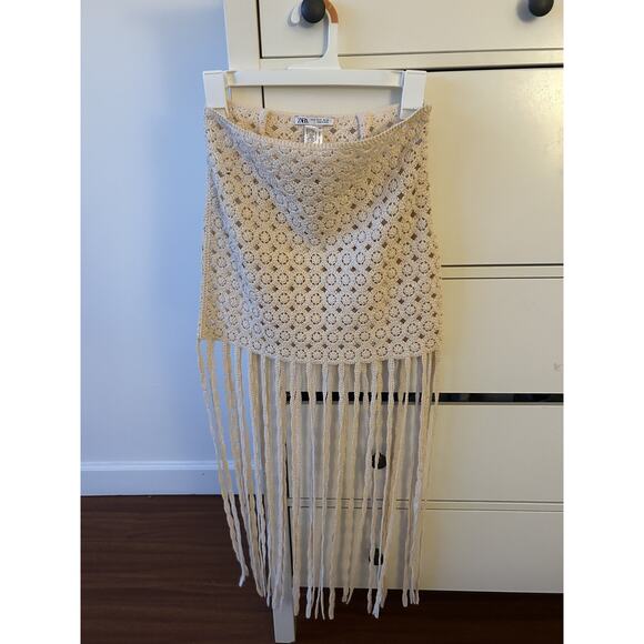 Zara Crochet Knit Fringed Skirt New Small S Ecru Bohemian Frills Swim Cover-up - Picture 2 of 5